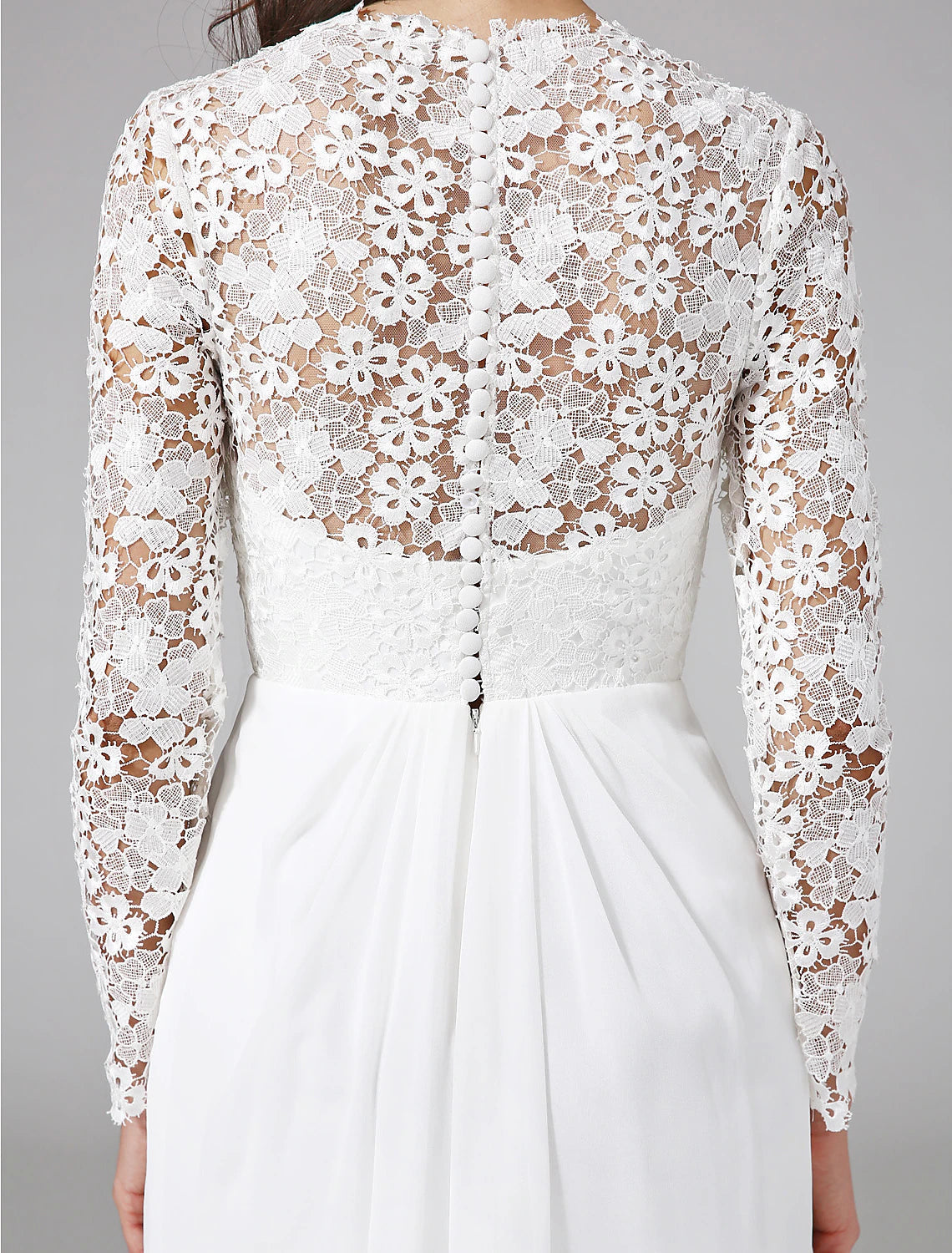 Beach Royal Style Boho Wedding Dresses Sheath / Column Illusion Neck Long Sleeve Sweep / Brush Train Chiffon Bridal Gowns With Lace