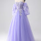 A-Line Strapless Tulle Long Prom Dress with Sleeves Off Shoulder With Flowers