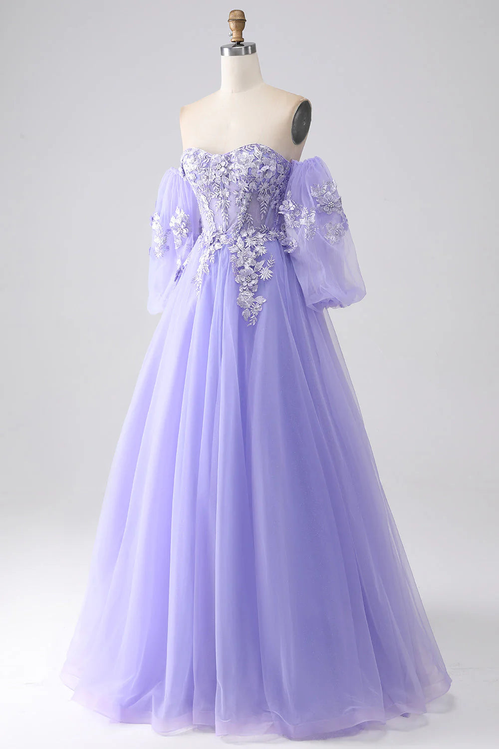 A-Line Strapless Tulle Long Prom Dress with Sleeves Off Shoulder With Flowers