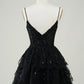 Cute Black A Line Sparkly Sequin Tiered Corset Short Homecoming Dress Beautiful