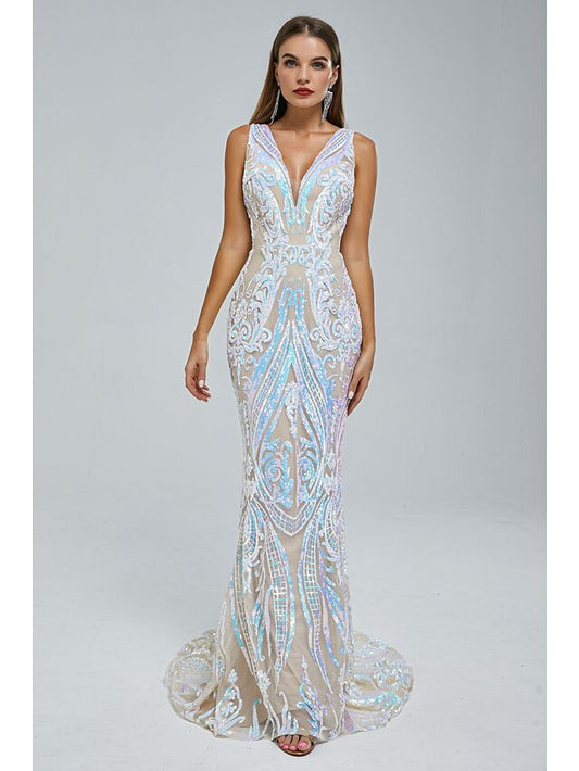 Mermaid / Trumpet Evening Gown Elegant Dress Engagement Court Train Sleeveless V Neck Sequined