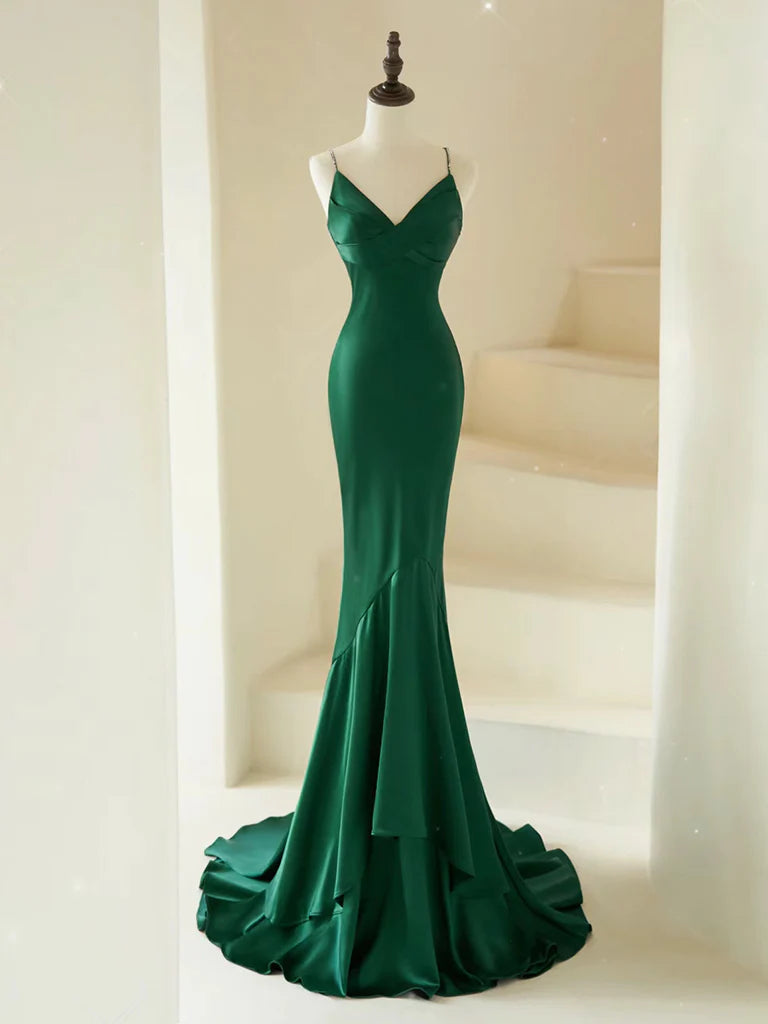 Mermaid V Neck Satin Long Prom Dress Pure Color