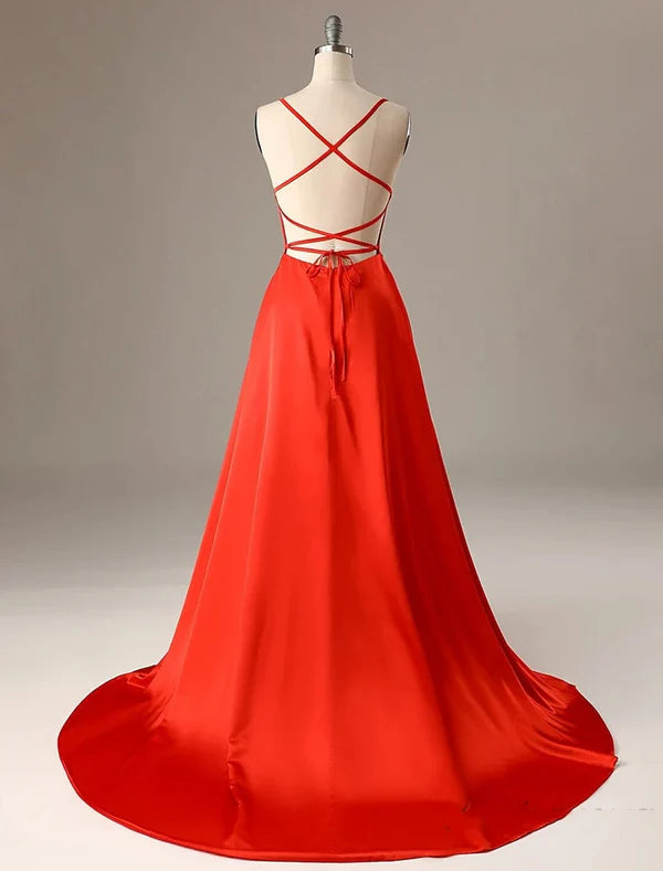 A-Line Evening Gown Sexy Dress Formal Wedding Guest Sweep / Brush Train Sleeveless Spaghetti Strap Charmeuse