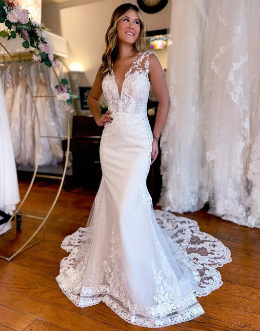 Mermaid V Neck Train Wedding Dress With Appliques Sexy Long