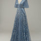 Blue A Line V Neck Tulle Embroidered Leaves Prom Dress Sexy Evening Dresses