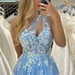 Light Blue A Line One Shoulder Sparkly Sequin Tulle Prom Dress With Appliques Beautiful