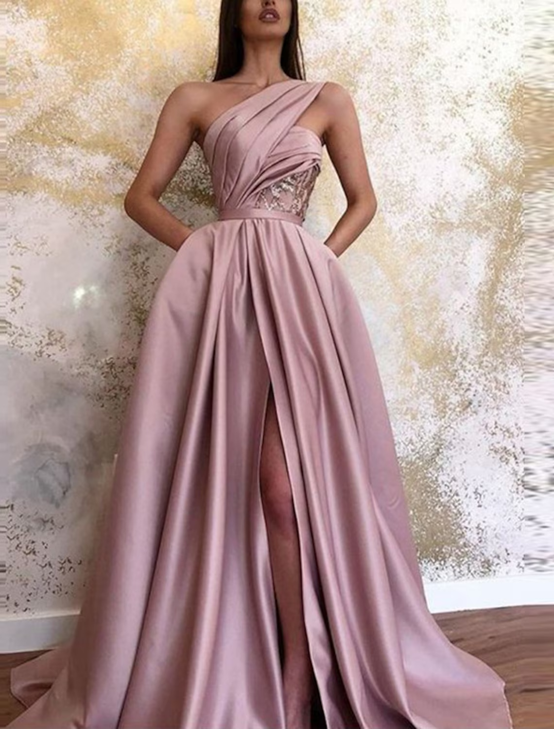 A-Line Evening Gown Celebrity Style Dress Formal Floor Length Sleeveless One Shoulder Satin with Ruched