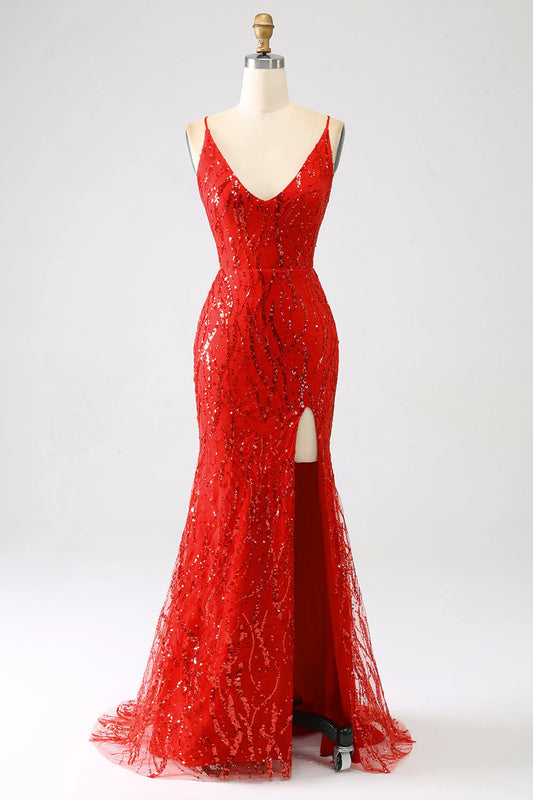 Mermaid Long Sequins Prom Dress with Slit V-neck Sexy Red