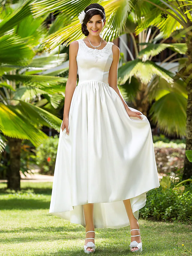 A-Line Wedding Dresses Scoop Neck Asymmetrical Satin Sleeveless with Beading Appliques Pocket