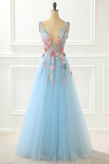 A-Line Princess Prom Dress With Appliques V-neck With Flowers