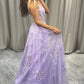 Elegant Purple A Line Tulle Long Beaded Prom Dress With Appliques Beautiful