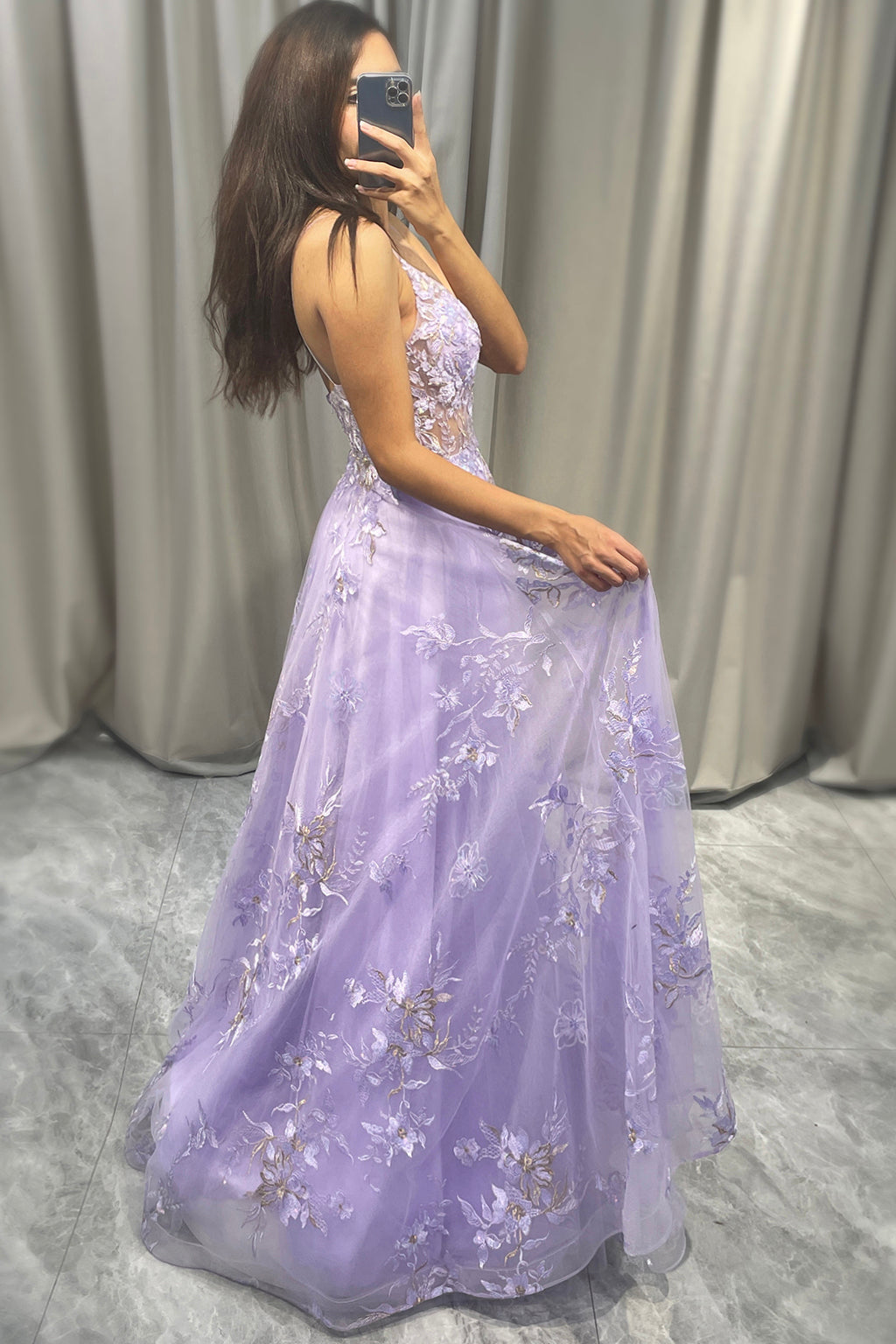 Elegant Purple A Line Tulle Long Beaded Prom Dress With Appliques Beautiful