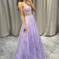 Elegant Purple A Line Tulle Long Beaded Prom Dress With Appliques Beautiful