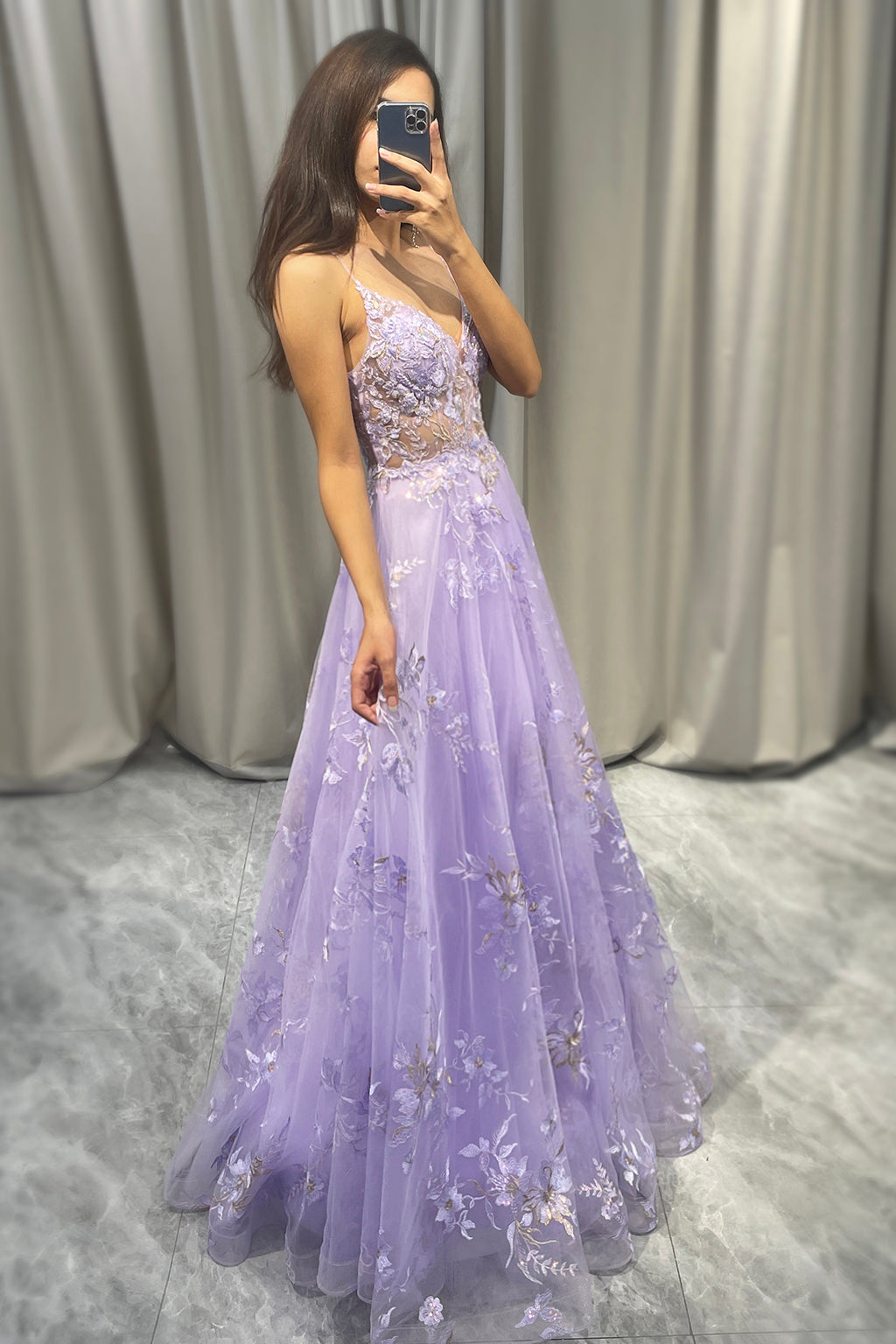 Elegant Purple A Line Tulle Long Beaded Prom Dress With Appliques Beautiful