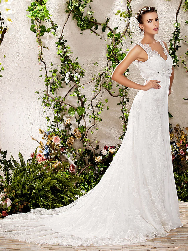 Wedding Dresses V Neck Chapel Train Lace Sleeveless Long Pure Color