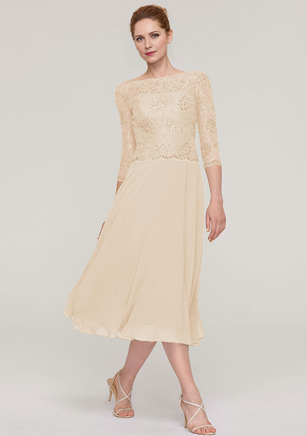 A-linePrincess Bateau 34 Sleeve Tea-Length Chiffon Mother of the Bride Dress With Beading Lace Pure Color