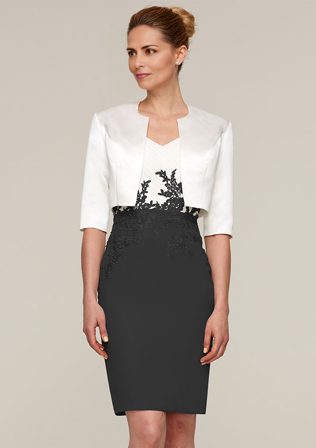 V Neck Short Sleeve Knee-Length Chiffon Mother of the Bride Dress With Jacket Appliqued