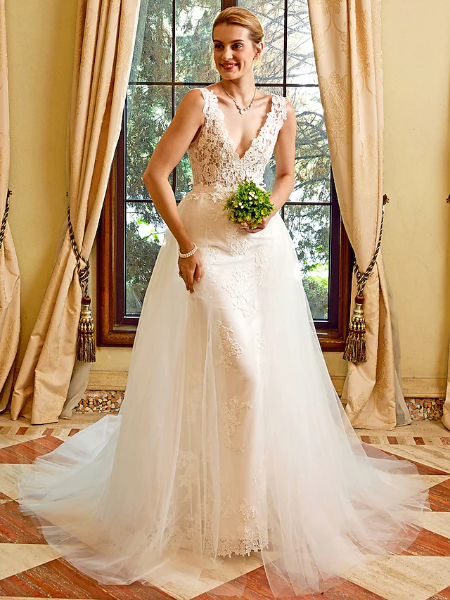 Wedding Dresses V Neck Chapel Train Lace Tulle Regular Straps See-Through