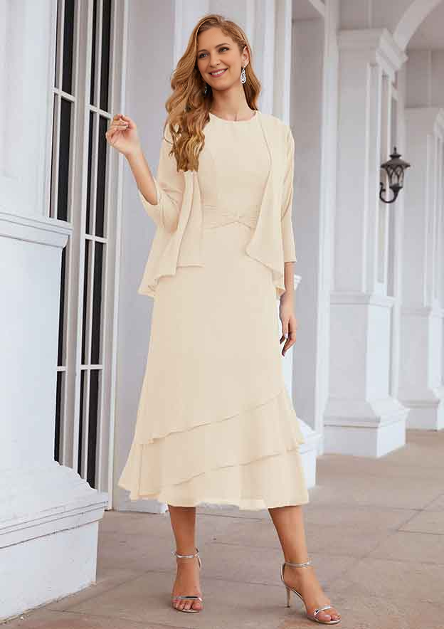 A-line Bateau Tea-Length Chiffon Mother of the Bride Dress With Pleated and Jacket Pure Color