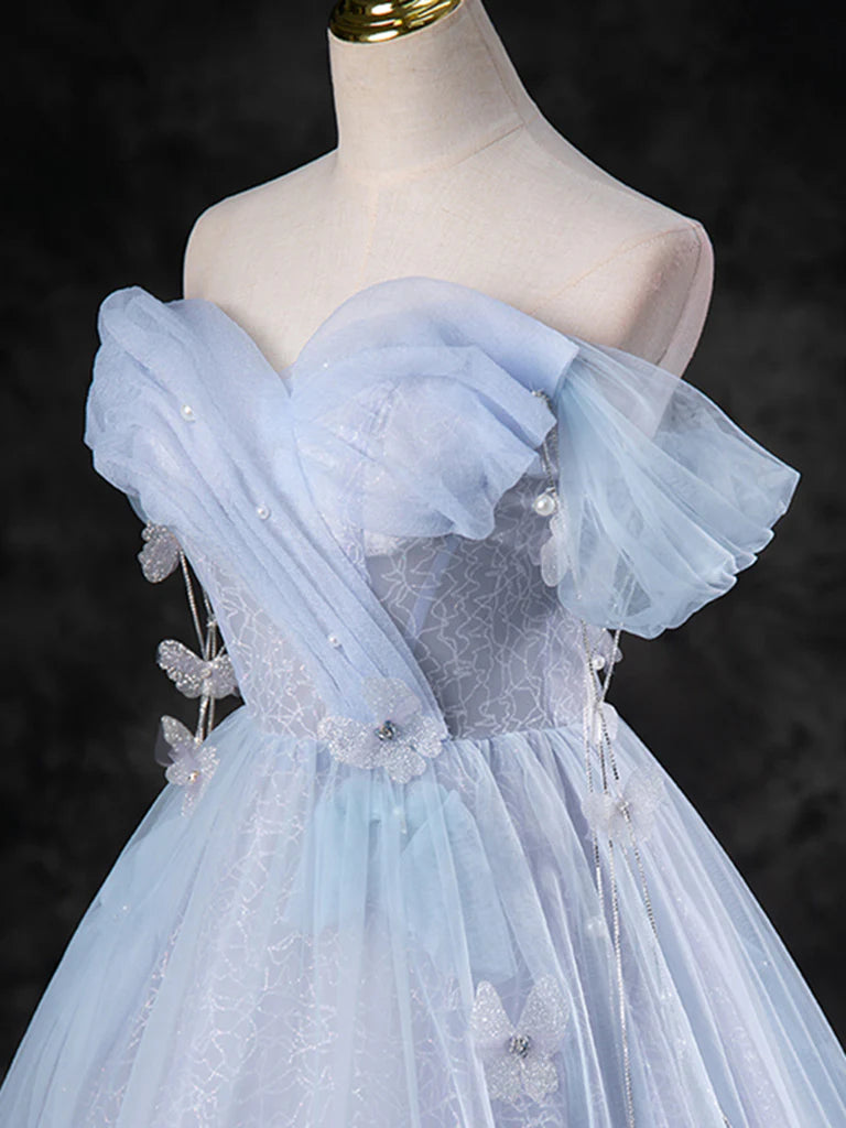 A-Line Sweetheart Neck Off Shoulder Tulle Long Prom Dress Blue