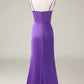 Spaghetti Straps V-neck Sheath Satin Bridesmaid Dress with Slit Pure Color