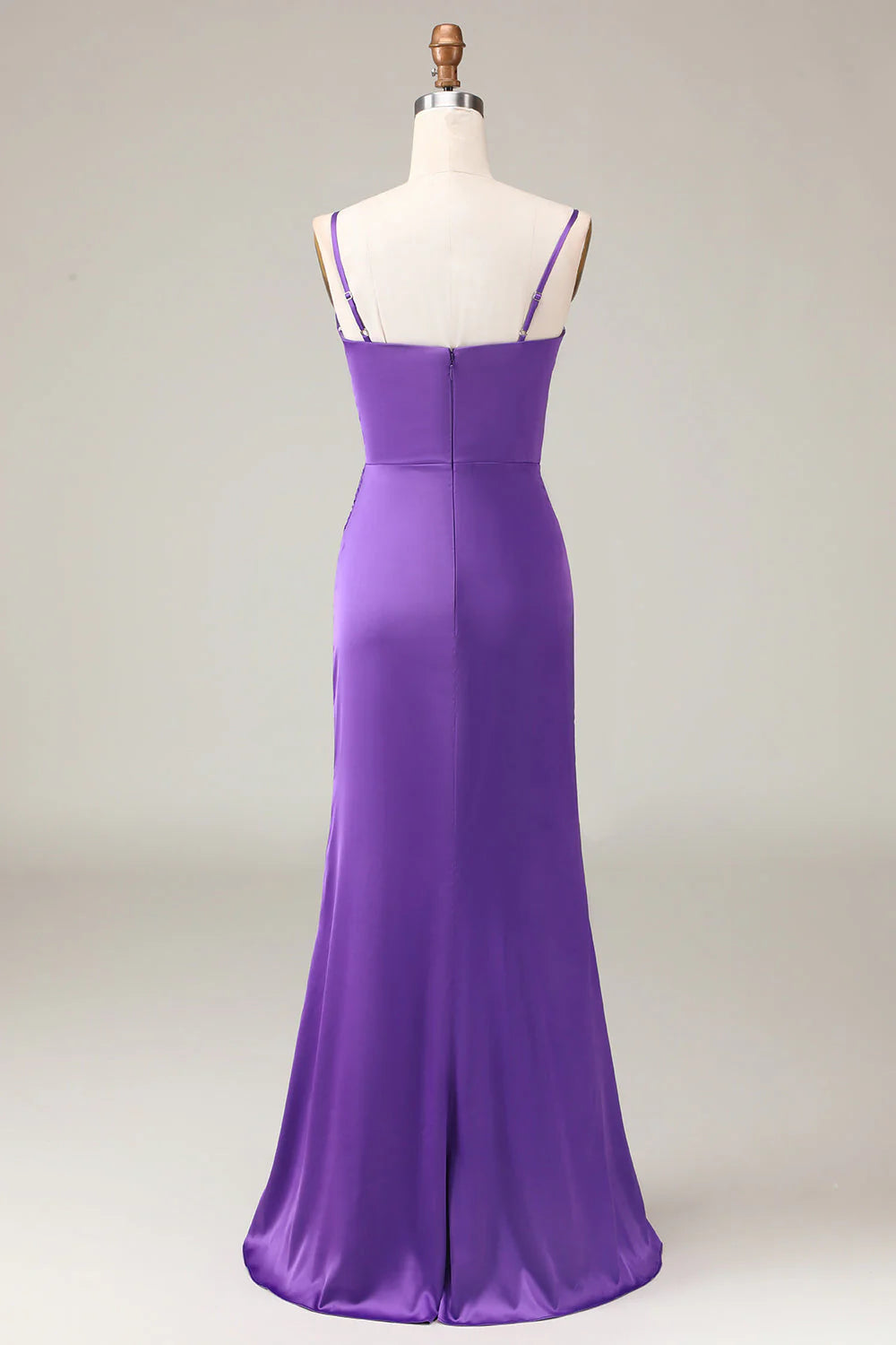 Spaghetti Straps V-neck Sheath Satin Bridesmaid Dress with Slit Pure Color