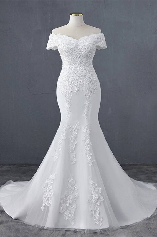 White Floral Lace Off-the-Shoulder Trumpet Wedding Dress Long