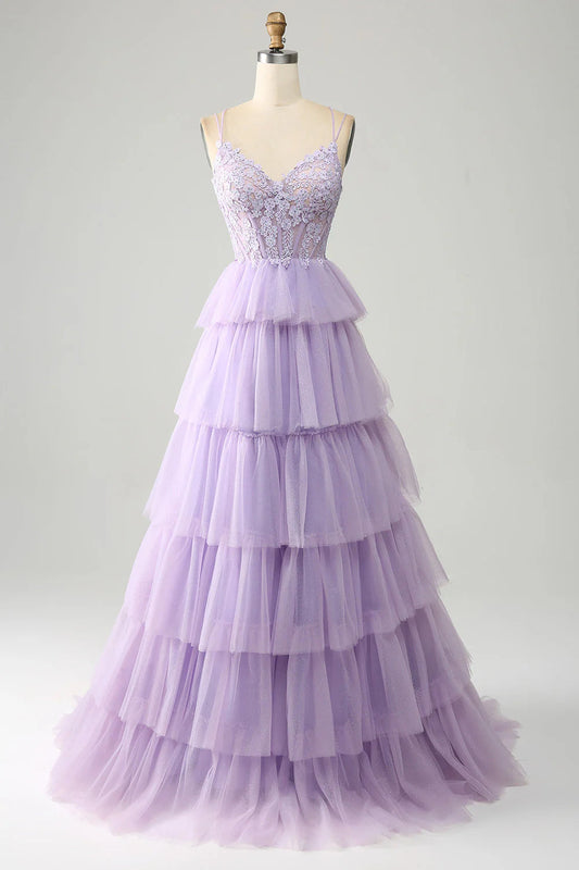 Tulle Tiered Princess Corset Prom Dress with Appliques Long With Flower