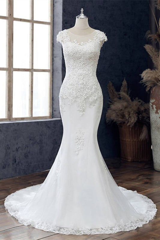 White Lace Beaded Cap Sleeve Trumpet Wedding Dress Beautiful