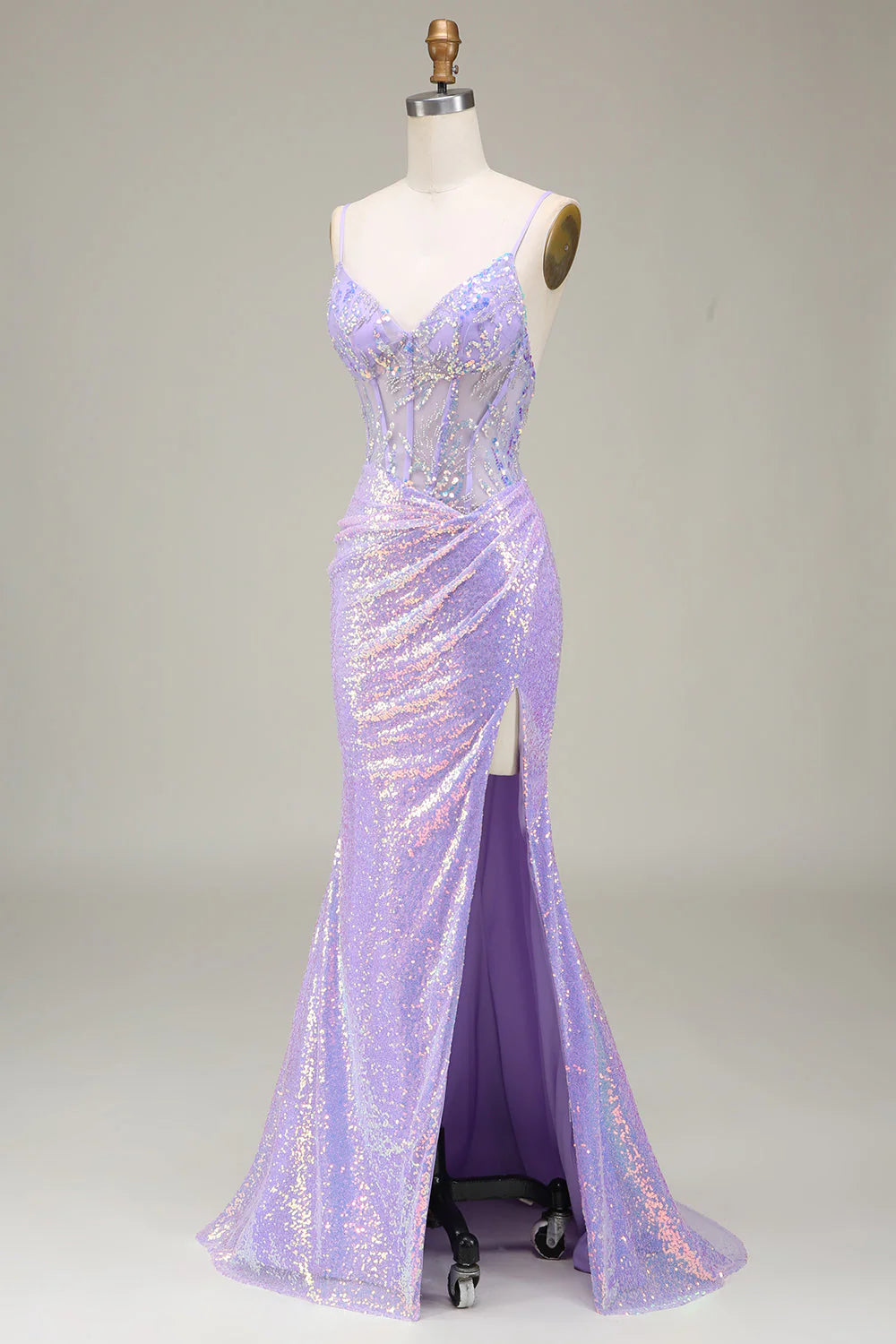 Mermaid LighT Corset Prom Dress with Slit V-neck Sparkly Long