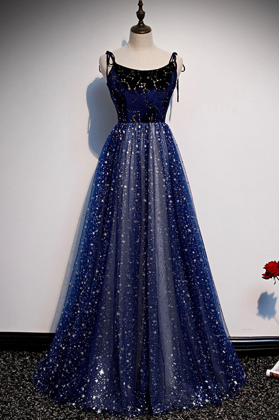 Blue Tulle Long A-Line Prom Dresses Evening Party Dresses Floor Length Sparkly