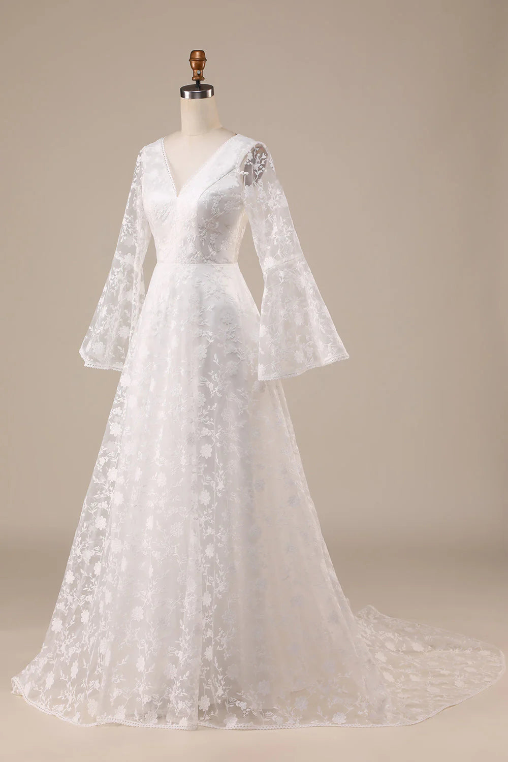 A-Line Wedding Dress Lace Flare Sleeves Beautiful