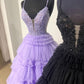 Ball Gown Spaghetti Straps Tulle Tiered Prom Dress With Applique V-neck Beautiful