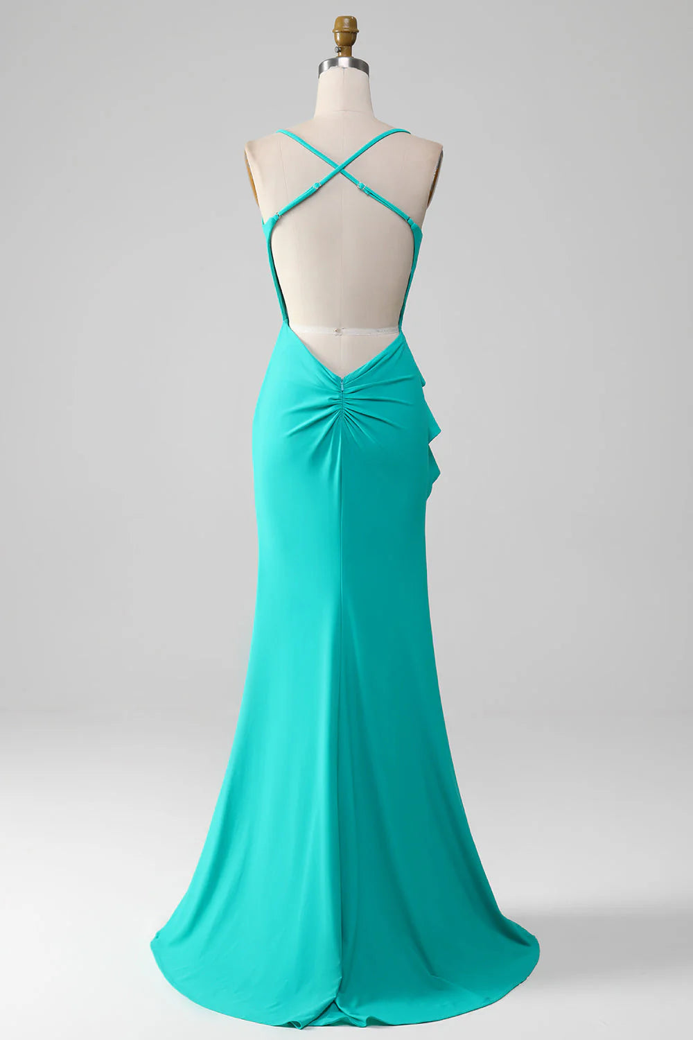 Mermaid Pleated Prom Dress Spaghetti Straps Open Back Pure Color Sexy