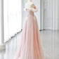 A-Line Sweetheart Neck Off Shoulder Tulle Long Prom Dress Pink