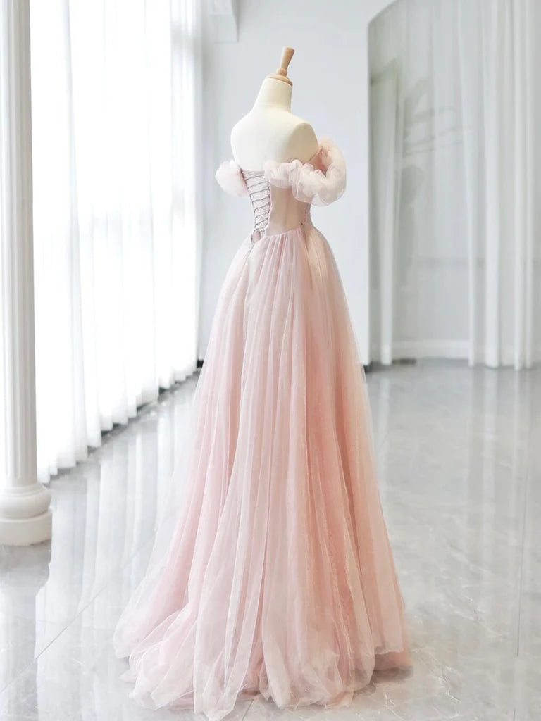 A-Line Sweetheart Neck Off Shoulder Tulle Long Prom Dress Pink