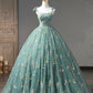 Green Floral Tulle Long Prom Dress Cute Off Shoulder Evening Party Dress Beautiful