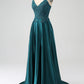 A-Line Spaghetti Straps Long Prom Dress with Slit V-neck Pure Color