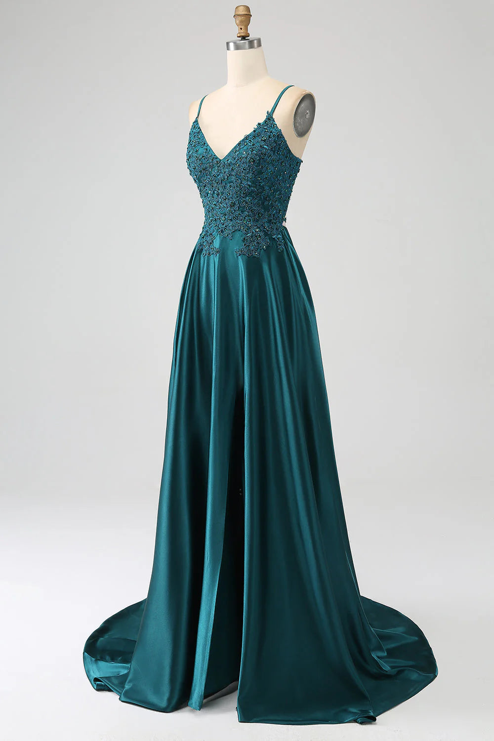 A-Line Spaghetti Straps Long Prom Dress with Slit V-neck Pure Color