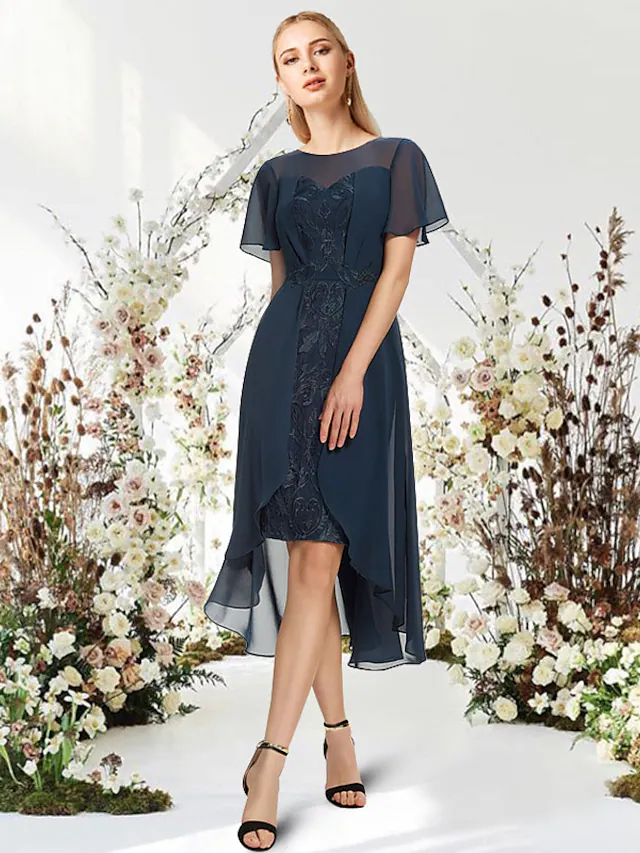 A-Line Empire Elegant Wedding Guest Engagement Dress Jewel Neck Short Sleeve Asymmetrical Knee Length Chiffon