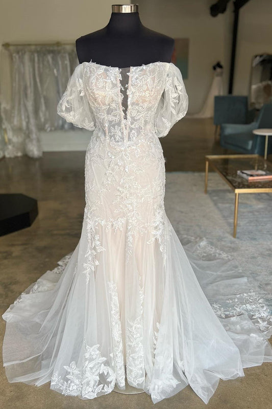 Ivory Appliques Off-the-Shoulder Trumpet Long Wedding Dress Sexy