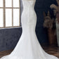 White Lace V-Neck Cap Sleeve Trumpet Wedding Dress Long