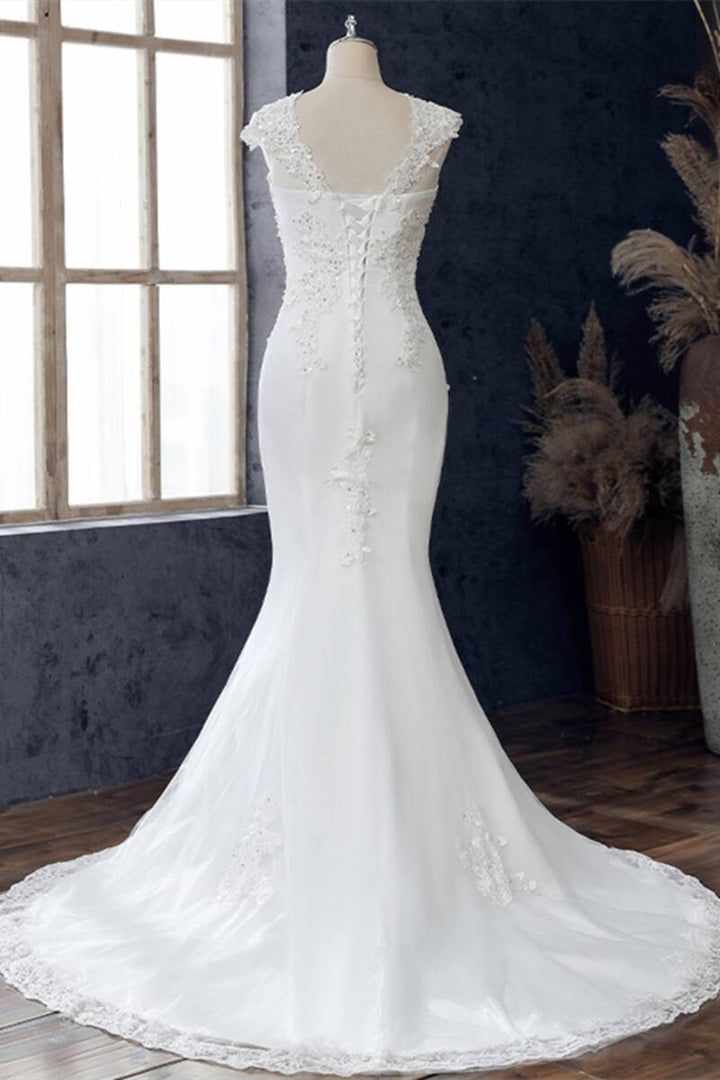 White Lace V-Neck Cap Sleeve Trumpet Wedding Dress Long