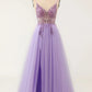 A-line Spaghetti Straps Long Prom Dress with Beading V-neck