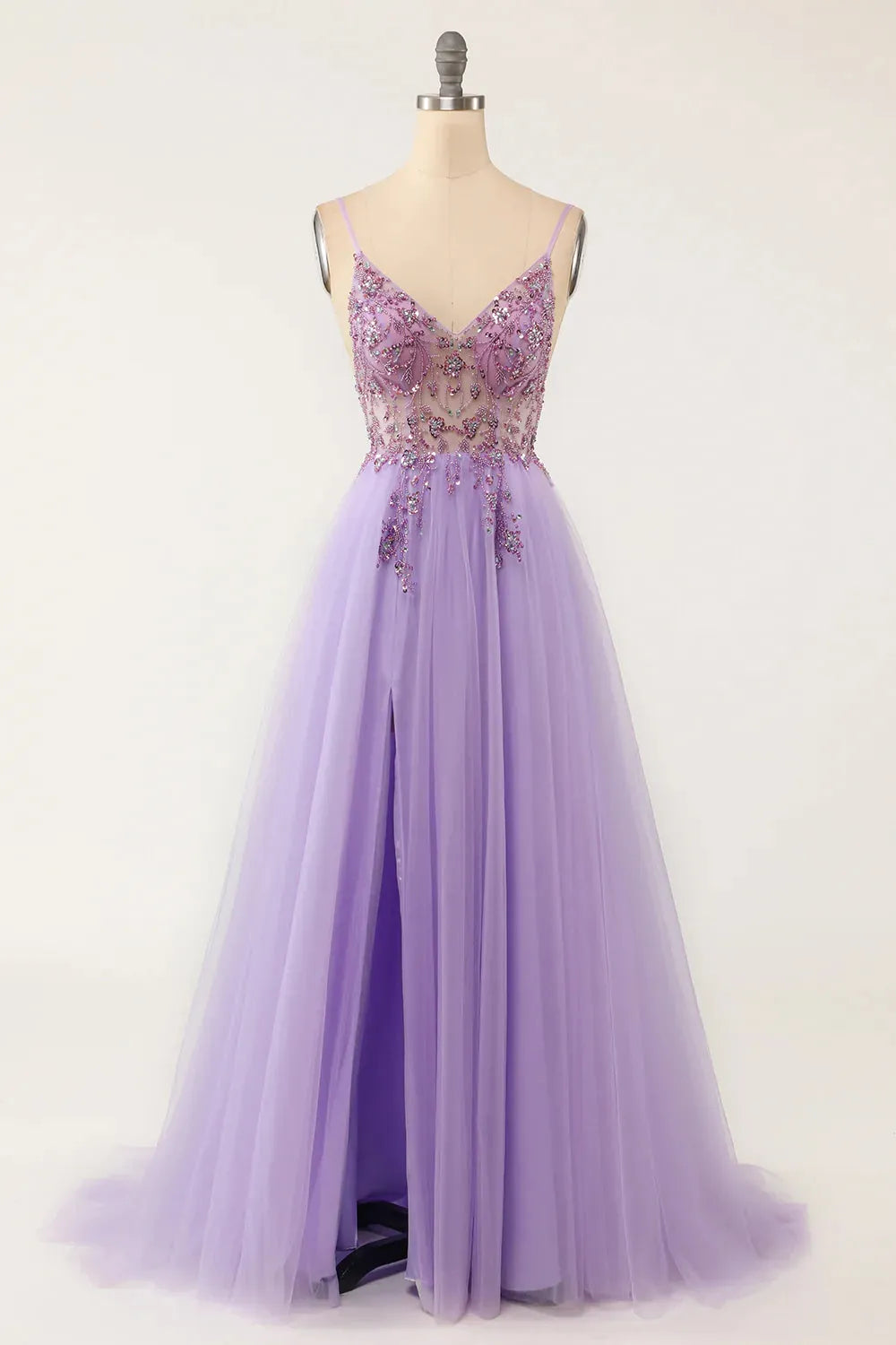 A-line Spaghetti Straps Long Prom Dress with Beading V-neck