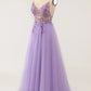 A-line Spaghetti Straps Long Prom Dress with Beading V-neck