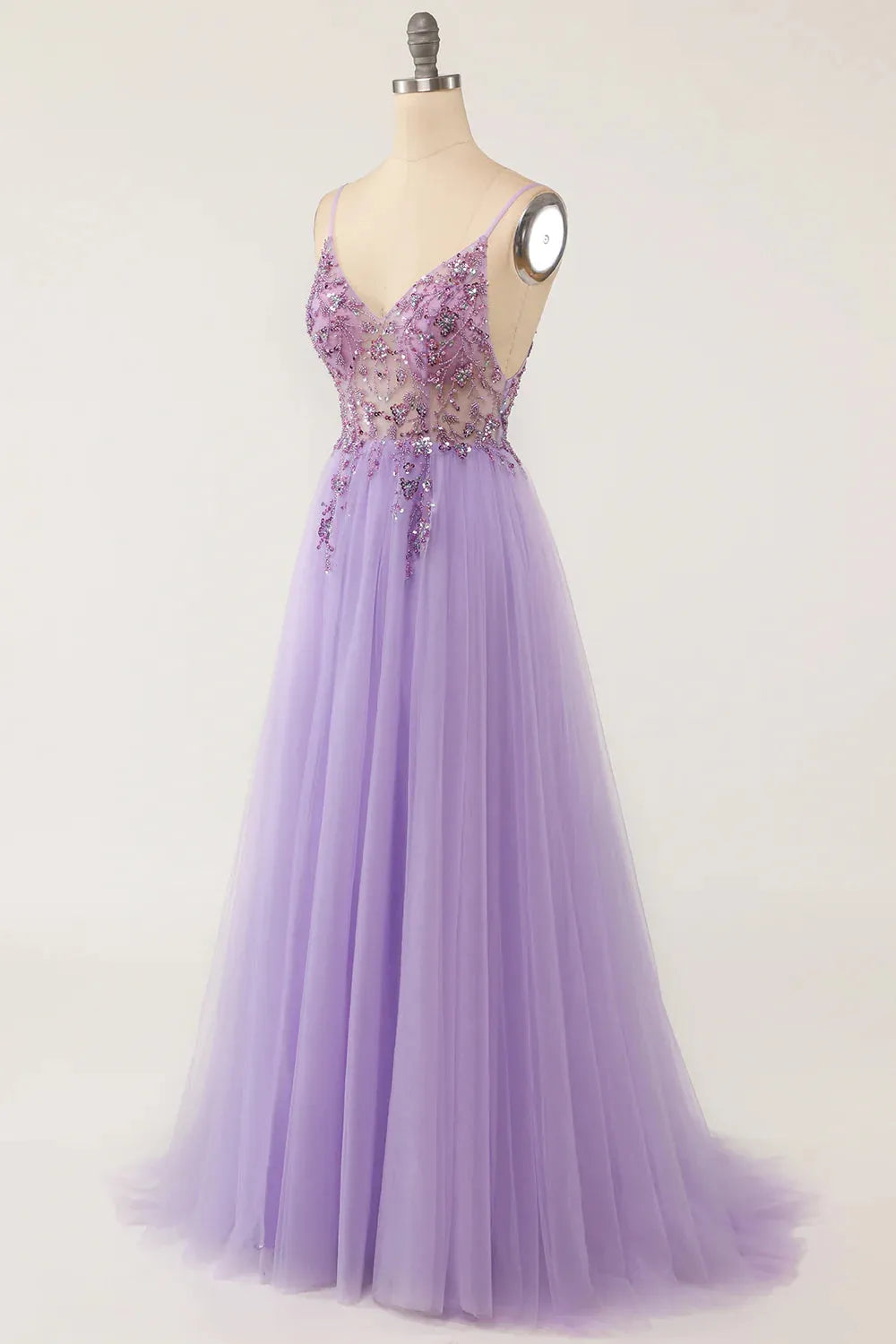 A-line Spaghetti Straps Long Prom Dress with Beading V-neck