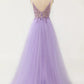 A-line Spaghetti Straps Long Prom Dress with Beading V-neck