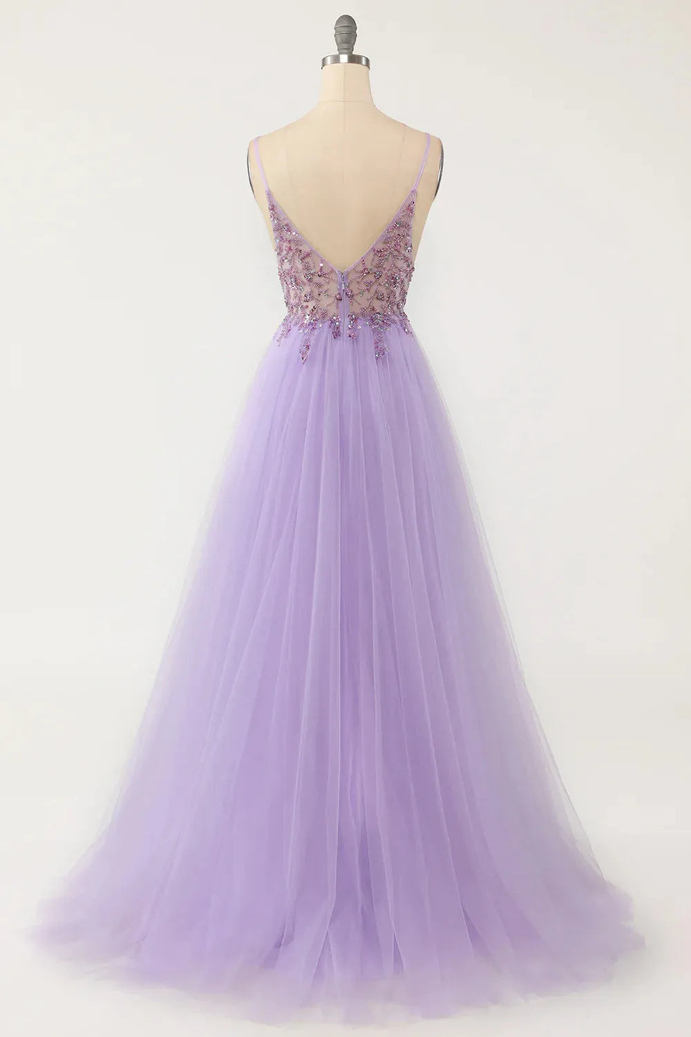 A-line Spaghetti Straps Long Prom Dress with Beading V-neck