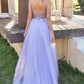 Lavender Tulle A-line Prom Dress with Beading Open Back Long Sexy